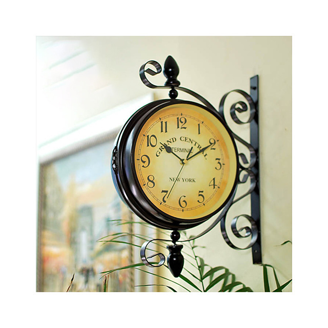 European style wrought iron double-sided wall clock simple living room home clock retro clock