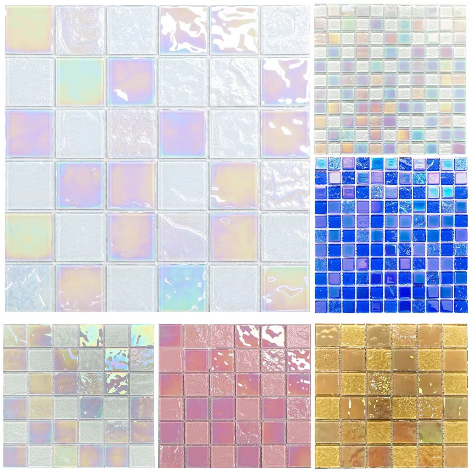 Hot sale iridescent shiny mix color glass mosaic for tv backdrop kitchen backsplash commercial