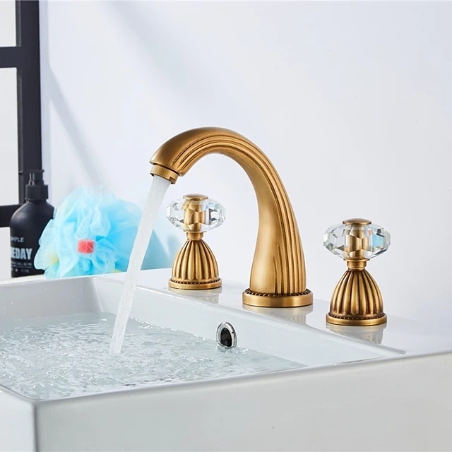 European luxury crystal gold three hole cold and hot basin bathroom cabinet spiral faucet