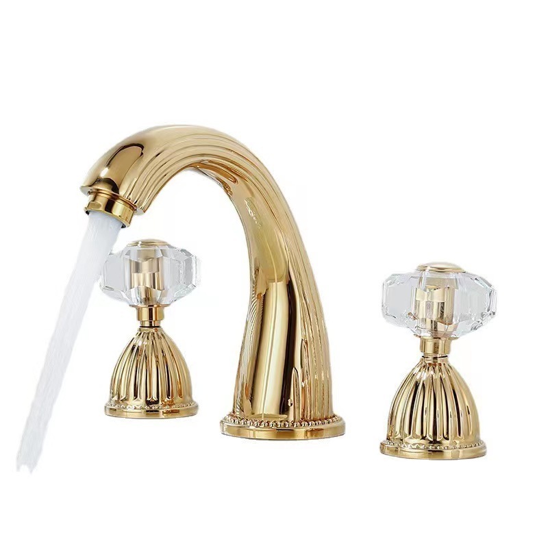 European luxury crystal gold three hole cold and hot basin bathroom cabinet spiral faucet