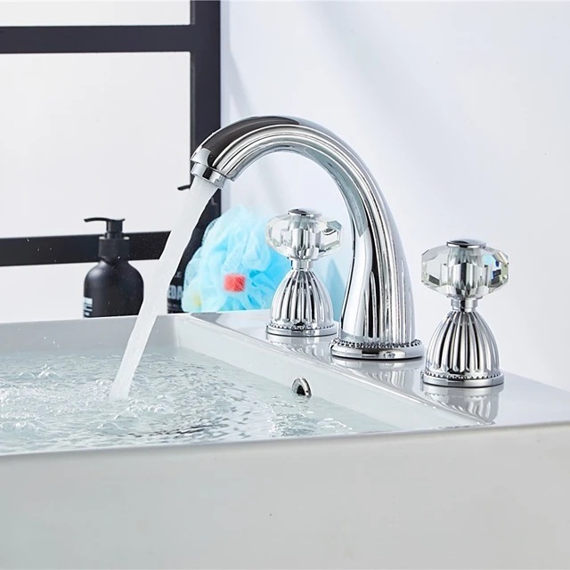 European luxury crystal gold three hole cold and hot basin bathroom cabinet spiral faucet