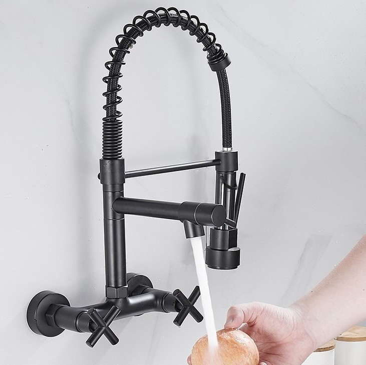 New all copper body wall mounted kitchen rotary faucet with dual handle and dual control sink faucet