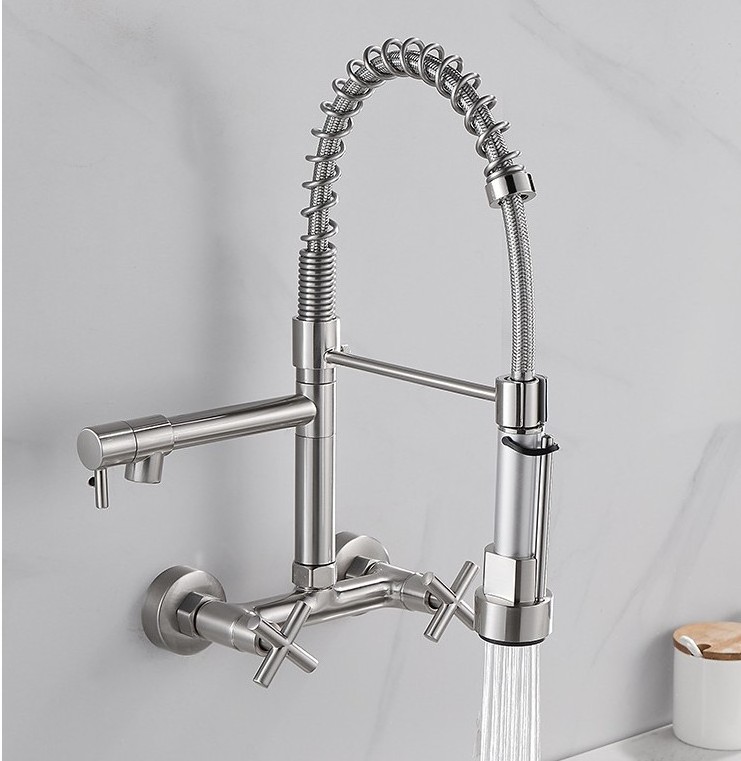 New all copper body wall mounted kitchen rotary faucet with dual handle and dual control sink faucet