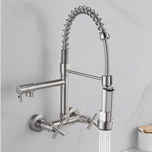 New all copper body wall mounted kitchen rotary faucet with dual handle and dual control sink faucet