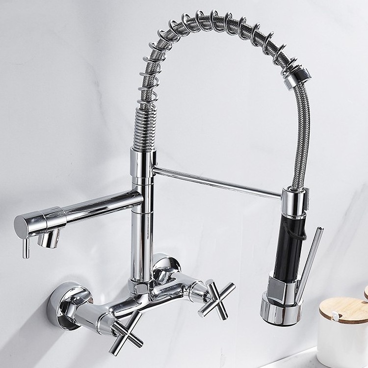 New all copper body wall mounted kitchen rotary faucet with dual handle and dual control sink faucet