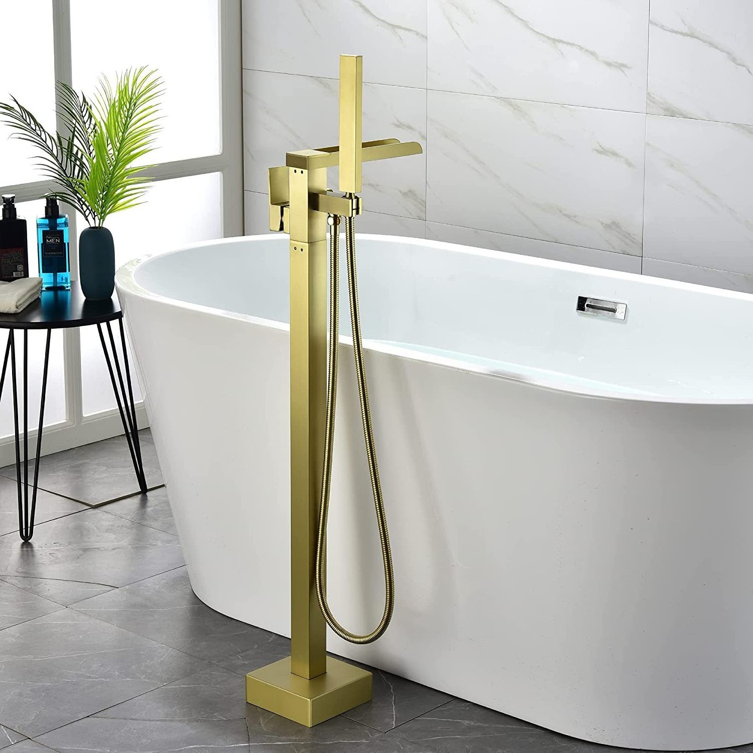 Waterfall style bathroom faucet with shower nozzle independent bathtub shower set brass cold and hot floor bathtub faucet