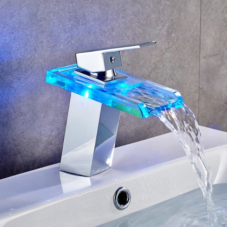 New bathroom glass temperature control tricolor LED luminous faucet square waterfall cold and hot basin faucet