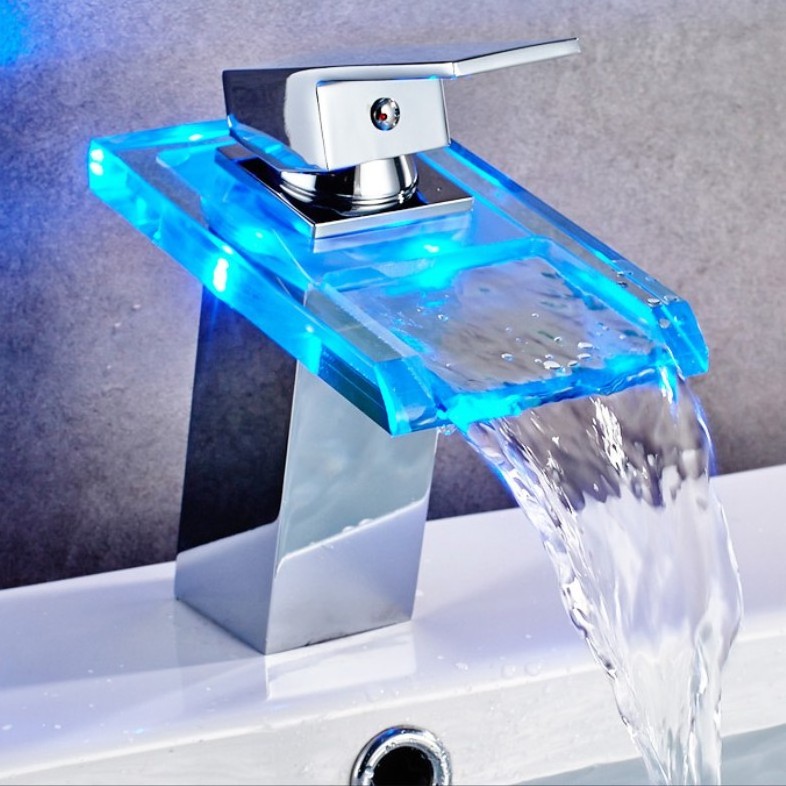 New bathroom glass temperature control tricolor LED luminous faucet square waterfall cold and hot basin faucet