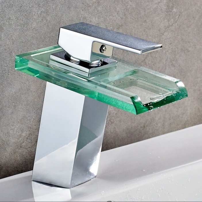 New bathroom glass temperature control tricolor LED luminous faucet square waterfall cold and hot basin faucet