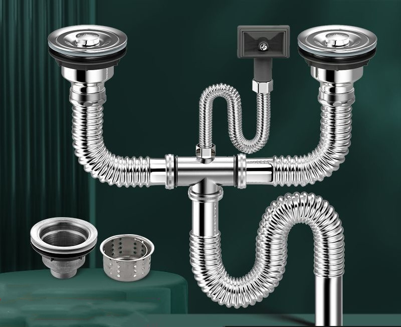 Kitchen sink water pipe accessories and sink drainage pipe 304 stainless steel odor resistant double groove drainage set