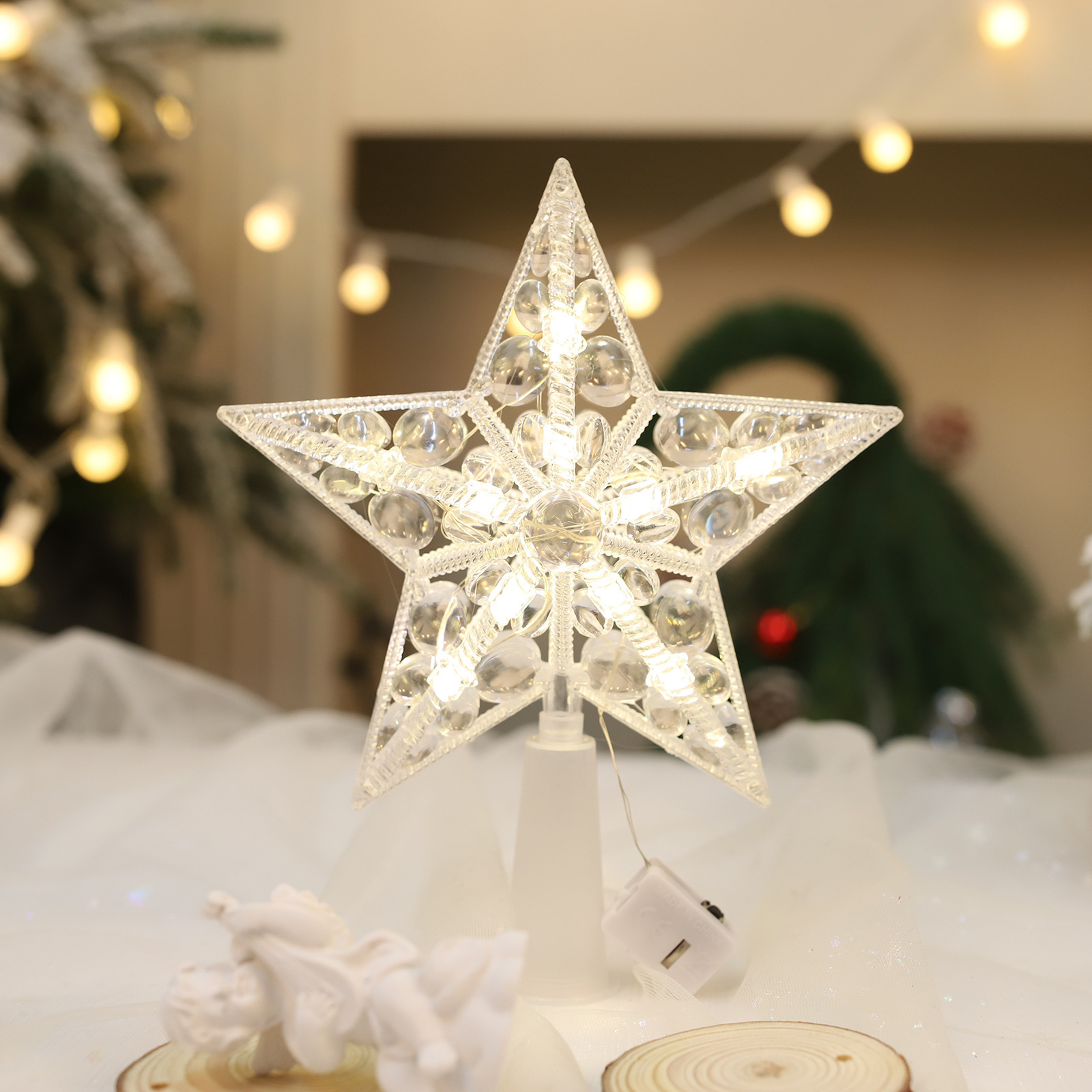 3D Glitter Star LED Christmas Tree Topper with Built-in Rotating White Snowflake Projector Laser Christmas Tree Ornament