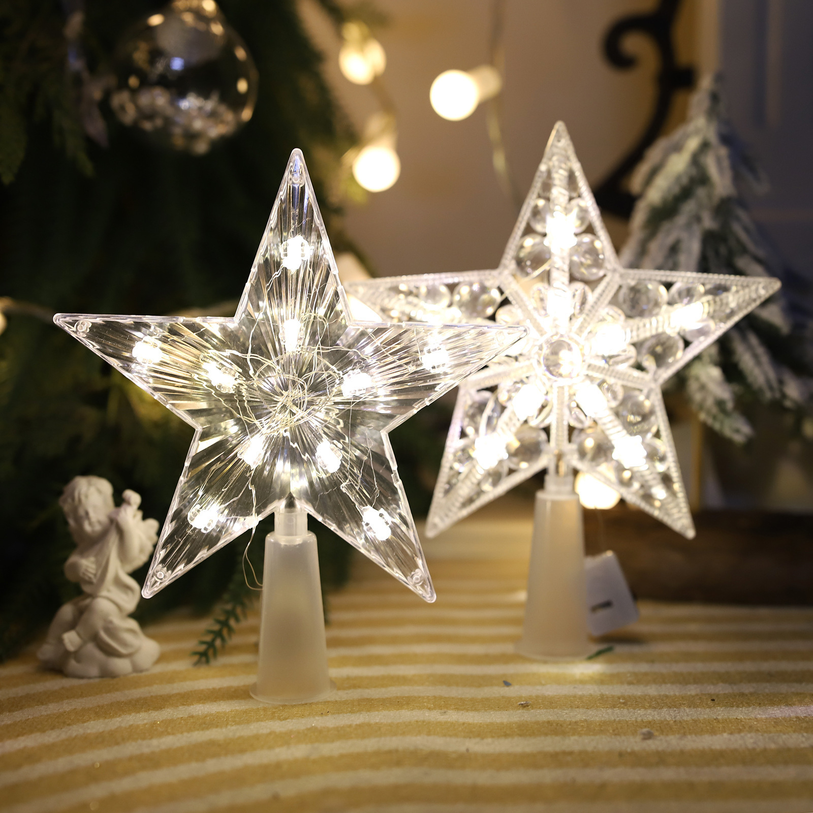 3D Glitter Star LED Christmas Tree Topper with Built-in Rotating White Snowflake Projector Laser Christmas Tree Ornament