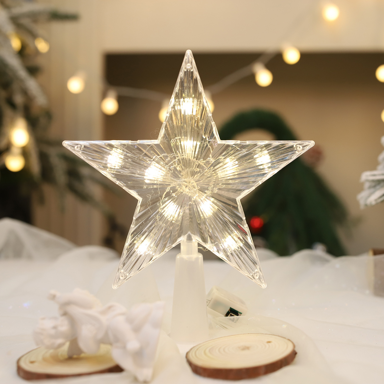 3D Glitter Star LED Christmas Tree Topper with Built-in Rotating White Snowflake Projector Laser Christmas Tree Ornament