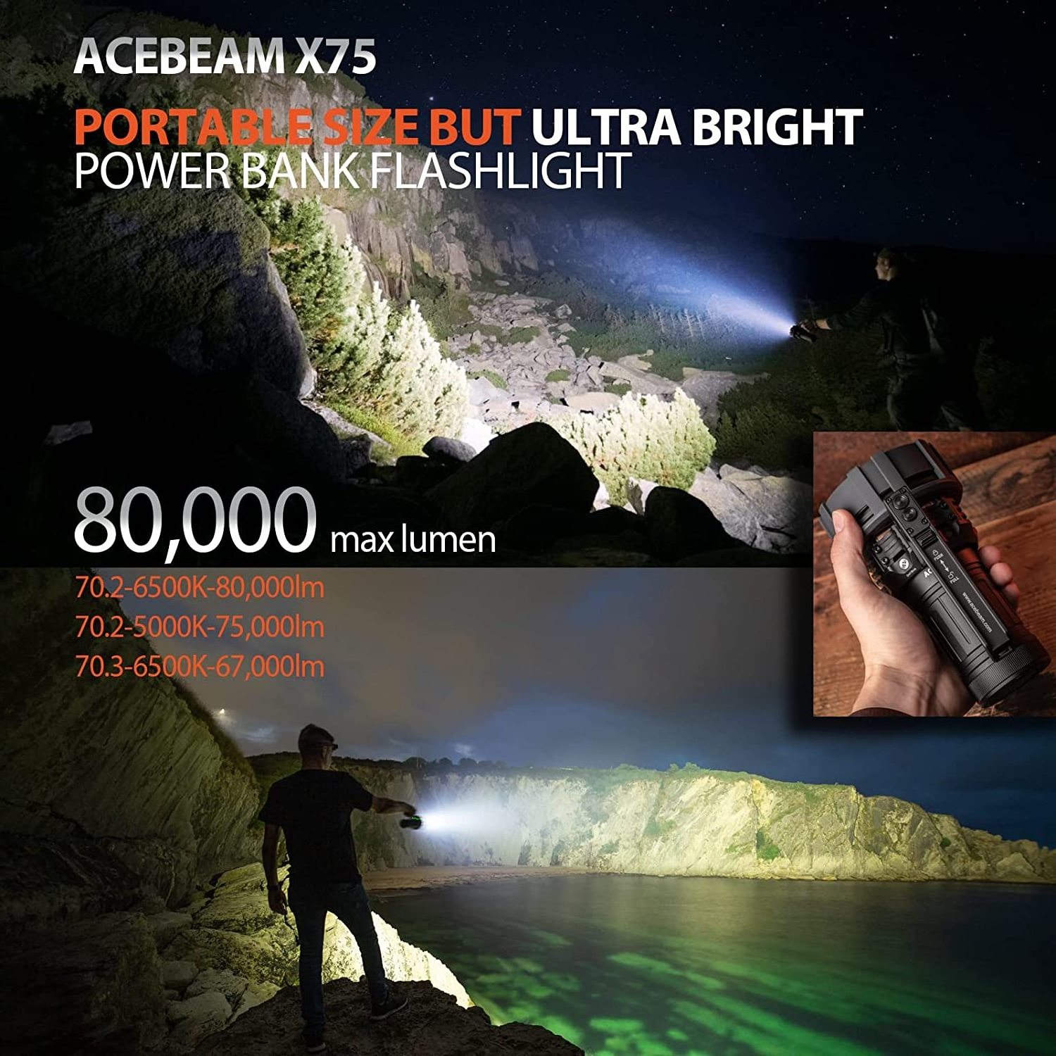 ACEBEAM X75 Flashlight 80,000 High Lumen   XHP70.3, 70.2USB PD120W Power Bank Flashlight with 1150 M Beam Throw,1.5h Fast Charge