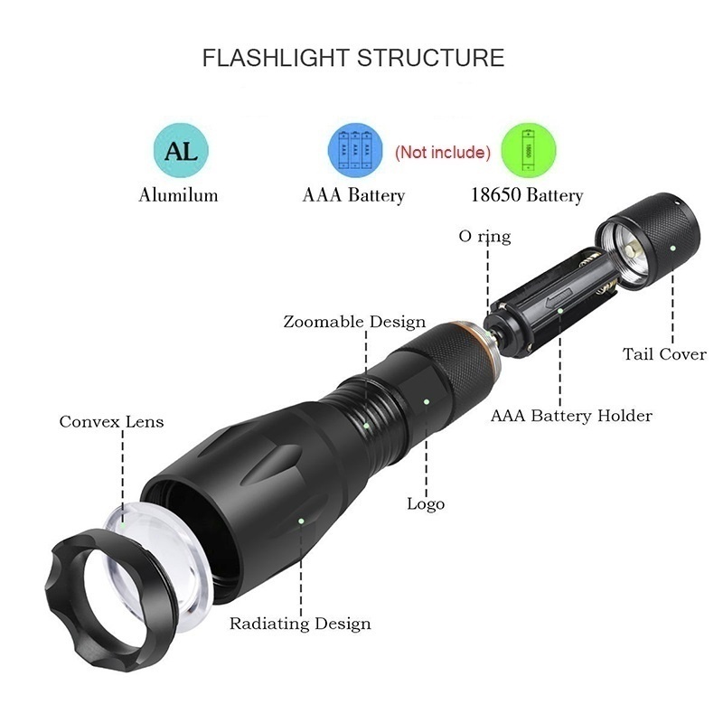 800 Lumen Handheld Zoomable Flashlight LED XML-T6 LED Water Resistant Camping Torch Adjustable Focus Zoom Tactical Flashlight