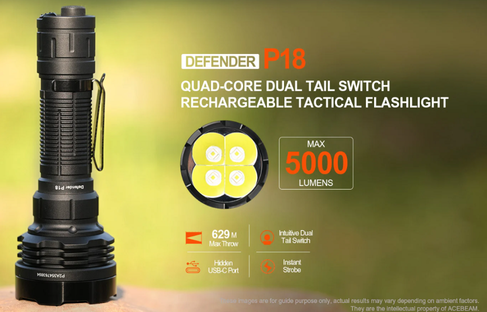 P18 Quad-Core Tactical Flashlight,Utilizing 4X SFT40 LEDs with a max output of 5000lumens and 629meters