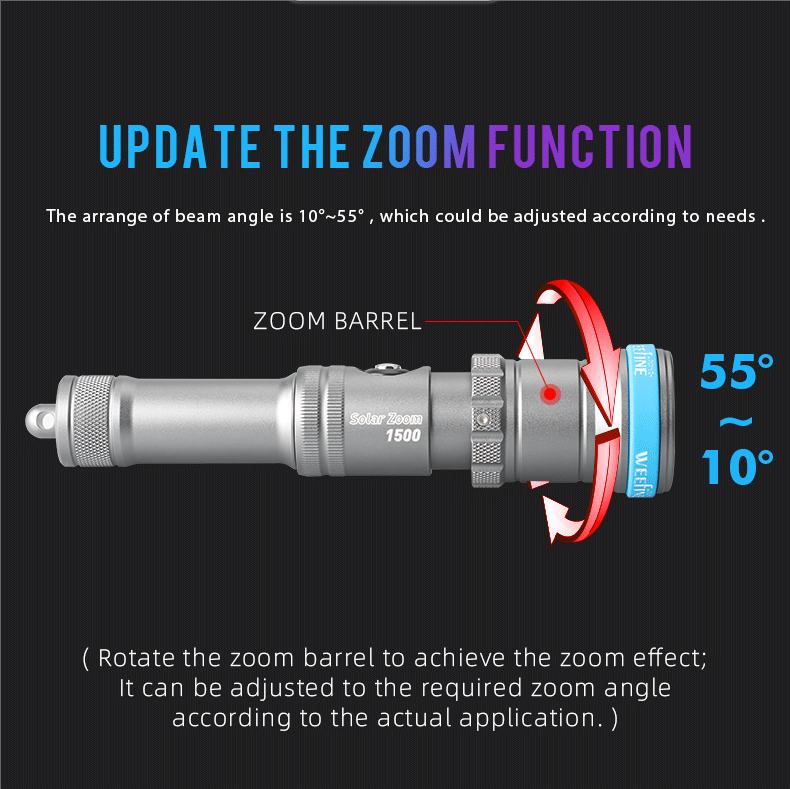 Weefine SZ1500 Zoom Diving 1500 lumens 6500K side switch smart focus 1 beam angle 10-55 underwater flashlight with 18650 battery