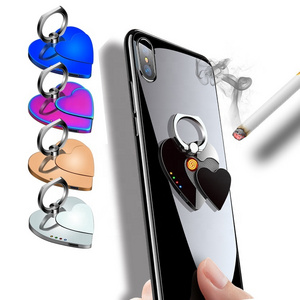 Creative Love Heart Mobile Phone Stand Electronic Lighter USB Flameless Cigarette Smoking Lighter Custom Logo Novelty Travel 38g