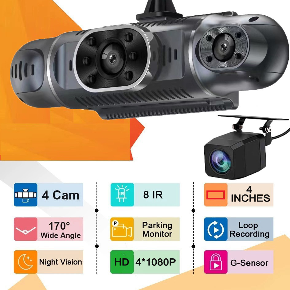 360 degrees Panoramic WiFi Car DVR 3-Inch Screen 4 Channel FHD 1080P Video Recorder 4 Split Screen Display Dash Cam Night Vision