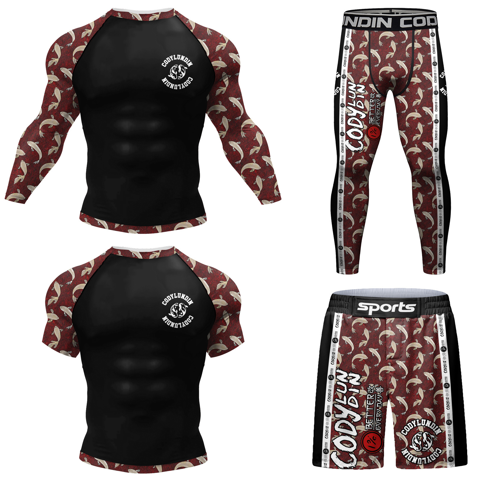 CODY LUNDIN wholesale custom 4 Pieces sport gym mma set,oem high slits mma shorts,custom sublimated printed mens rash guard set