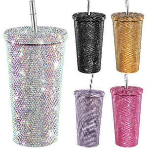 17oz 25oz Glitter Rhinestone Bling Rhinestone Diamond Tumbler Glitter Water Bottle with Lid Stainless Steel Vacuum Thermal Straw