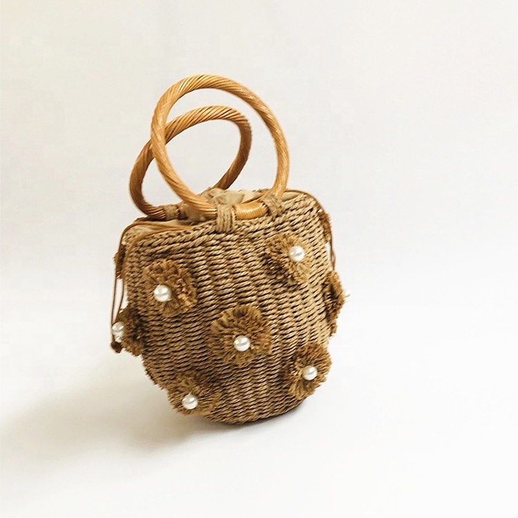 New Fashion Barrel Women Summer Beach Straw Bag Pearl Flowers Straw Beach Bag