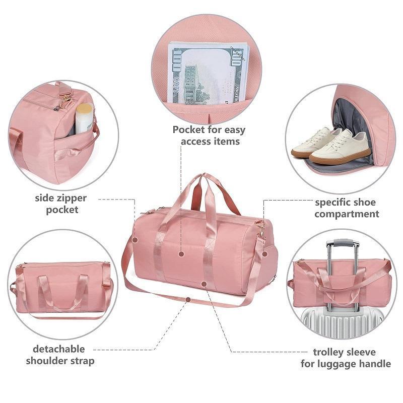 Custom logo print waterproof women girls travel overnight large pink female sport gym travel duffle bag with shoe compartment