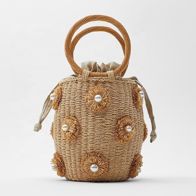 New Fashion Barrel Women Summer Beach Straw Bag Pearl Flowers Straw Beach Bag