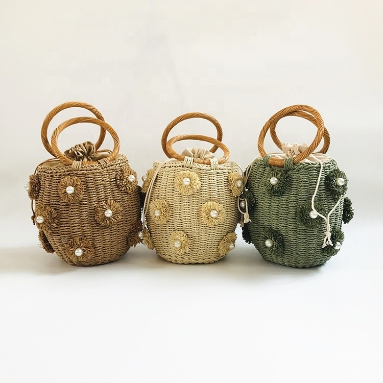 New Fashion Barrel Women Summer Beach Straw Bag Pearl Flowers Straw Beach Bag