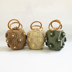 New Fashion Barrel Women Summer Beach Straw Bag Pearl Flowers Straw Beach Bag