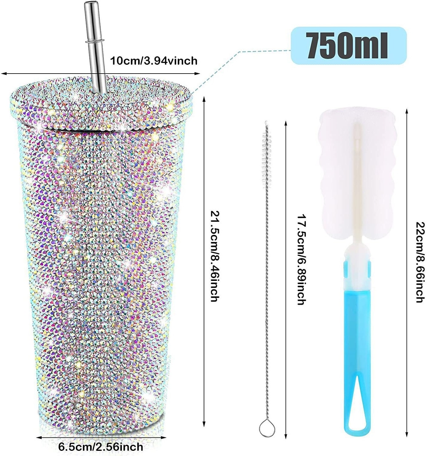 17oz 25oz Glitter Rhinestone Bling Rhinestone Diamond Tumbler Glitter Water Bottle with Lid Stainless Steel Vacuum Thermal Straw