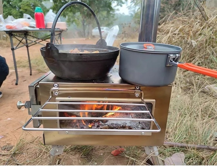 Outdoor Camping Stainless Steel Stoves, Portable Foldable Wood Burning Stove with Glass for Hot Tent