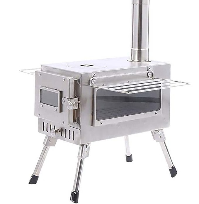 Outdoor Camping Stainless Steel Stoves, Portable Foldable Wood Burning Stove with Glass for Hot Tent