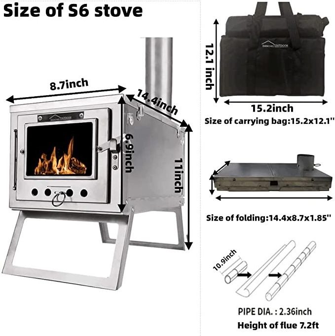 USA Warehouse Portable Hot Tent Stove Stainless Steel Small Folding Stove with Chimney Pipes for Backpack DANCHEL OUTDOOR S6