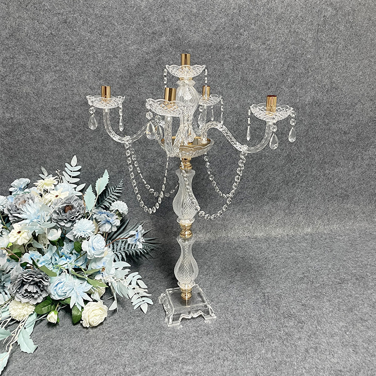 Wholesale clear candlestick holder cheap candelabra 5 arms acrylic tall candle holder centerpiece for wedding