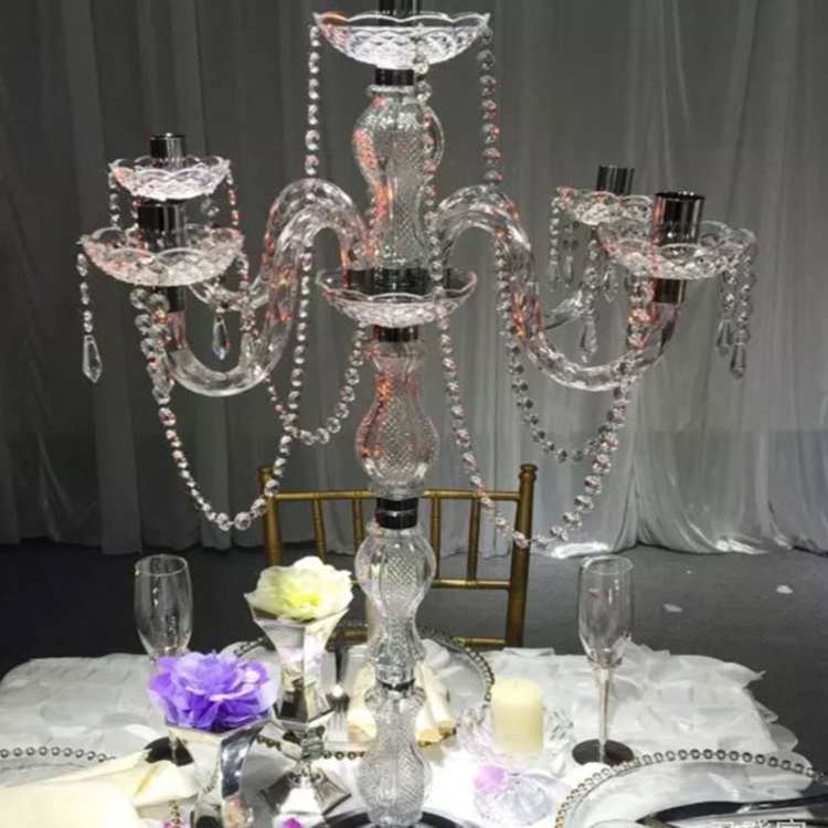 Wholesale clear candlestick holder cheap candelabra 5 arms acrylic tall candle holder centerpiece for wedding