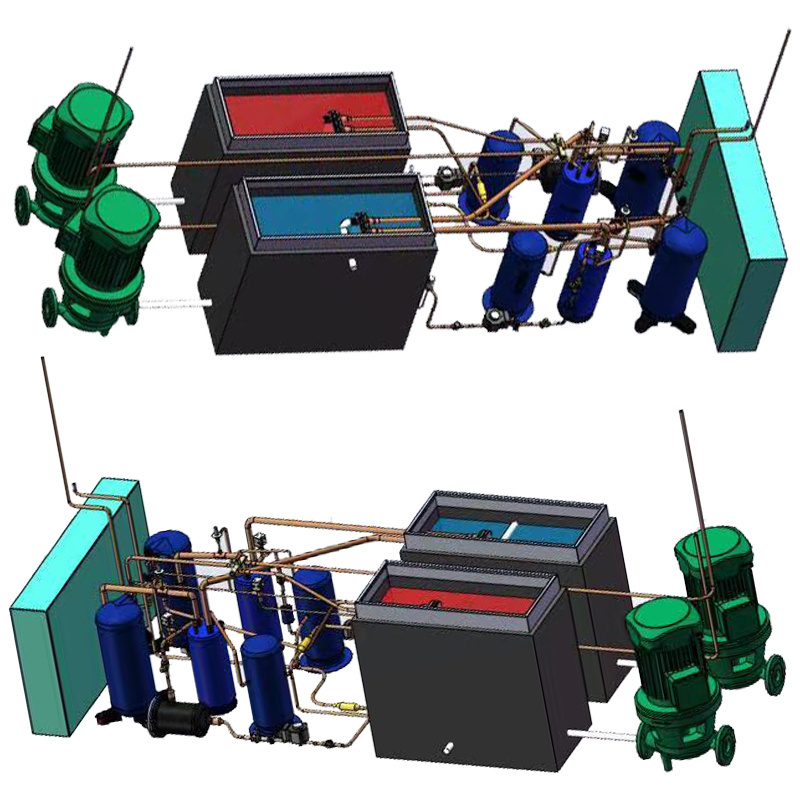 300+300kW dual coolant circuits condenser as water heater of 240HP screw compressor heat pump selects module & take-apart design