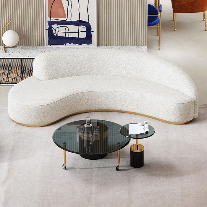 Luxury modern living room furniture Italian metal gold white fabric boucle curved sofa