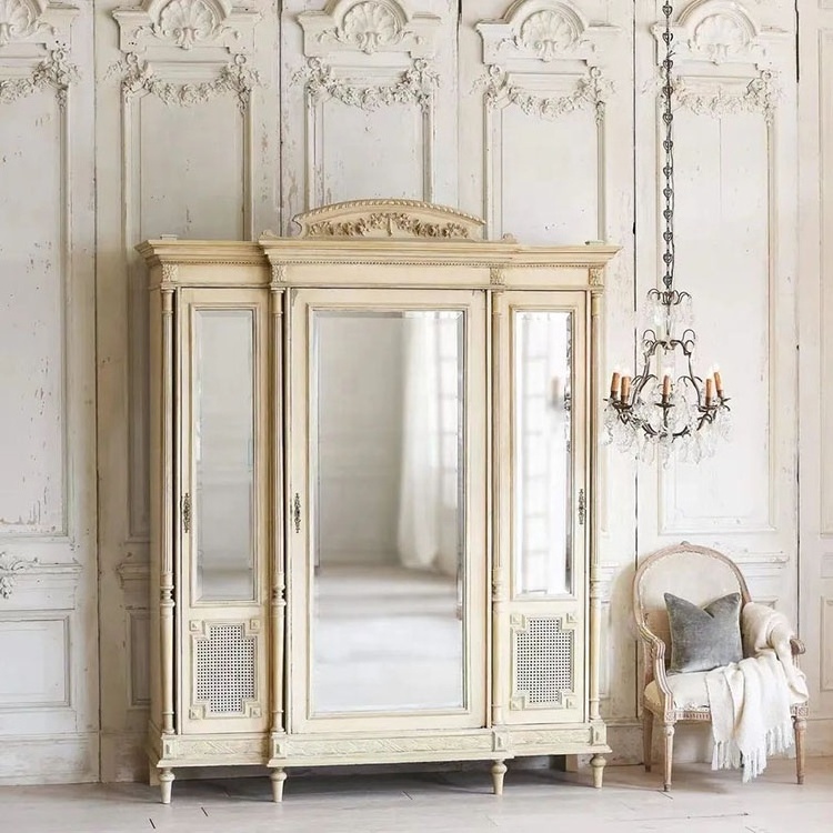 High Quality French antiqued wooden 2/3/4 doors wardrobe closet with mirror bedroom furniture customized