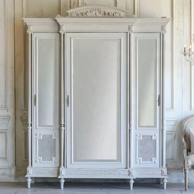 High Quality French antiqued wooden 2/3/4 doors wardrobe closet with mirror bedroom furniture customized