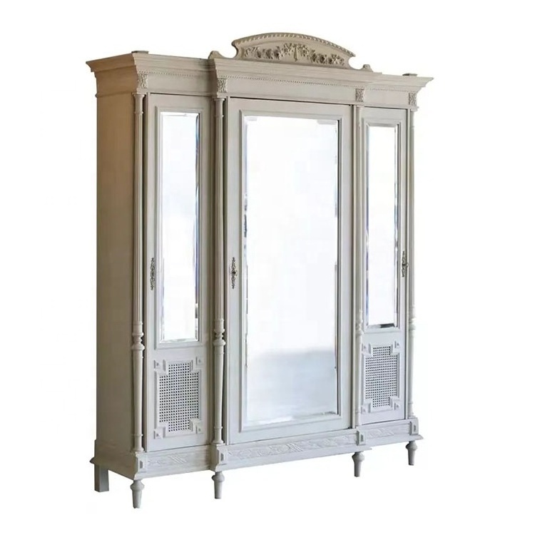 High Quality French antiqued wooden 2/3/4 doors wardrobe closet with mirror bedroom furniture customized