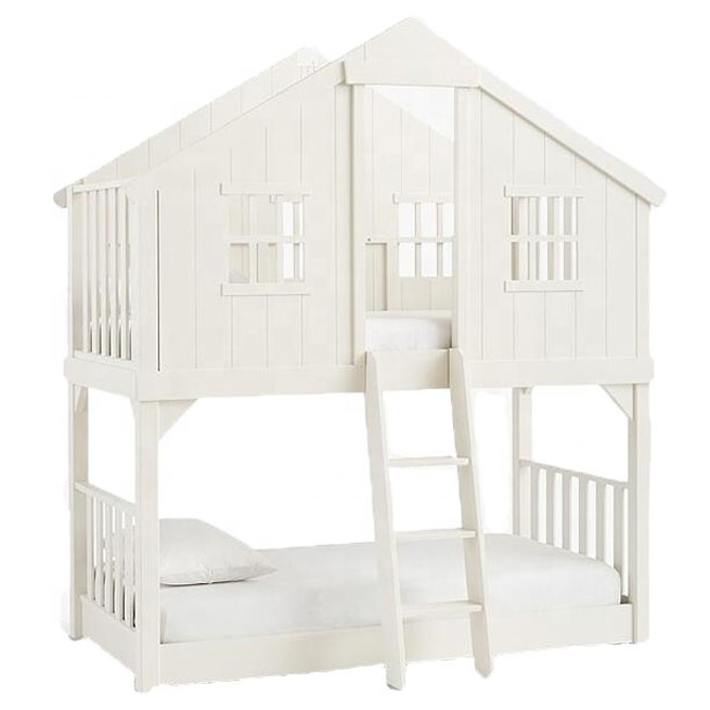 Factory Supply space saving tree house twin over twin bunk bed loft bed in white for kids bedroom