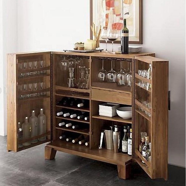 High quality public house 2 doors folding solid wood wine storage bar cabinet