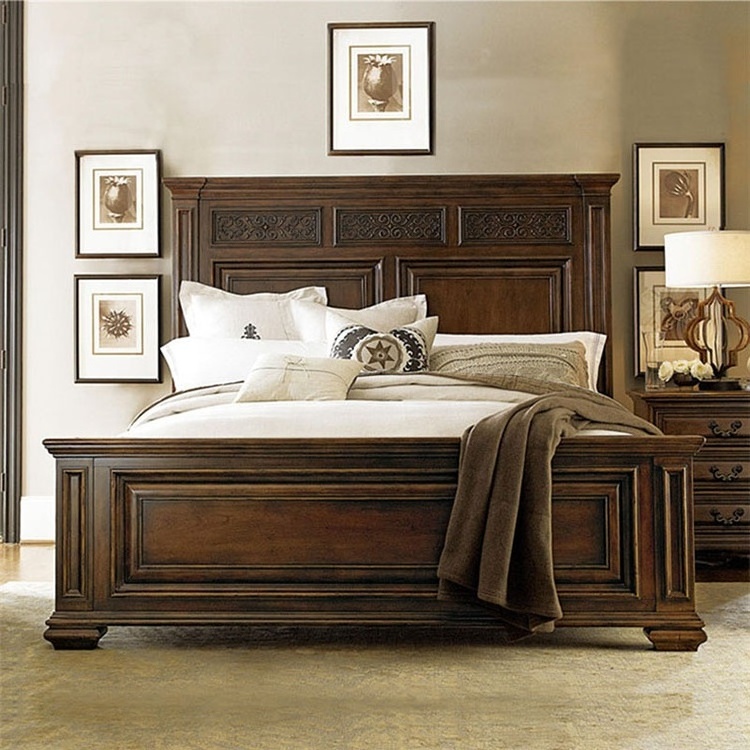 High Quality American country carving bedroom furniture wooden king size box bed double beds designs