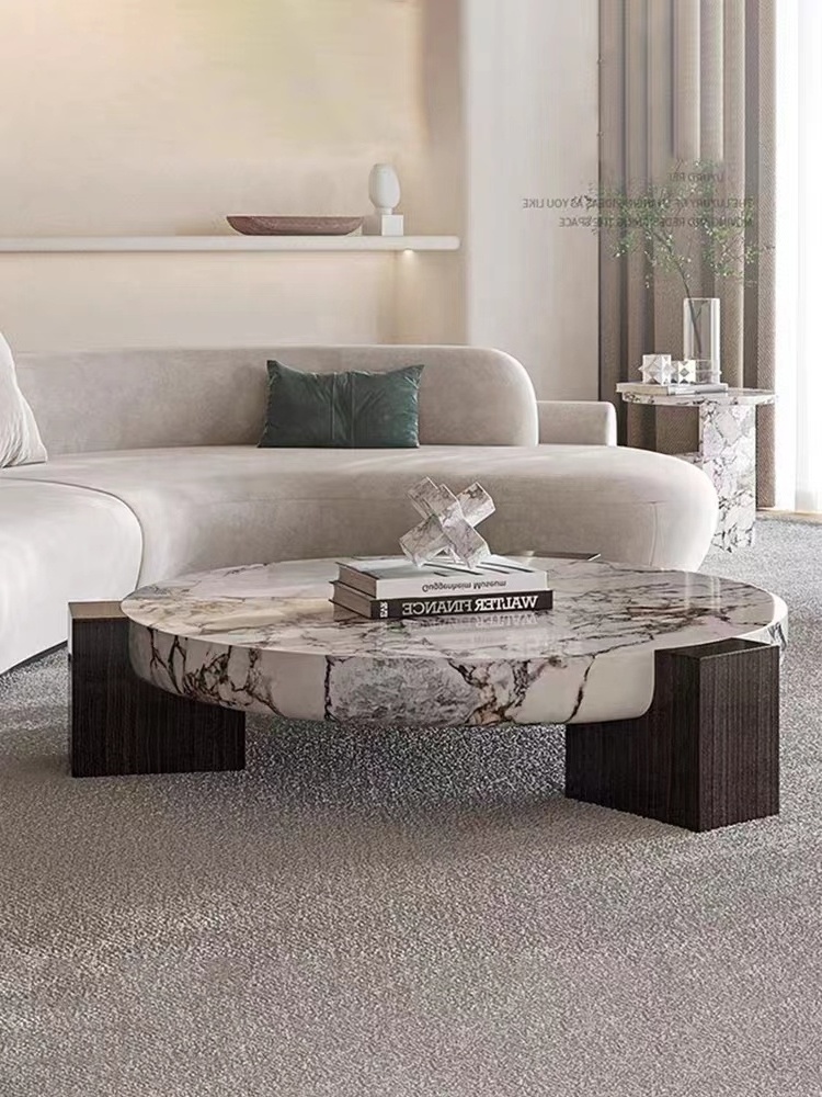 Italian luxury modern wooden leg round nature marble top coffee table design