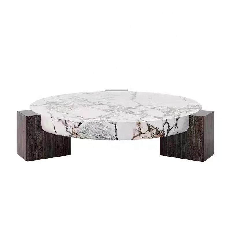 Italian luxury modern wooden leg round nature marble top coffee table design