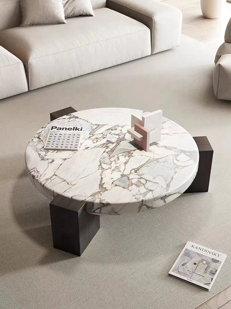 Italian luxury modern wooden leg round nature marble top coffee table design