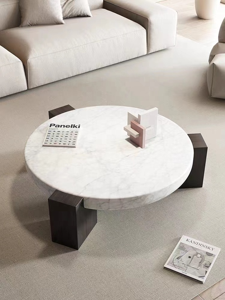 Italian luxury modern wooden leg round nature marble top coffee table design