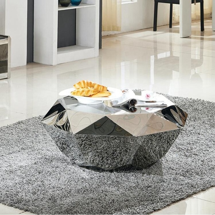 Modern living room furniture smart Luxurious Unique Diamond Shape gold/silver metal mirrored coffee table