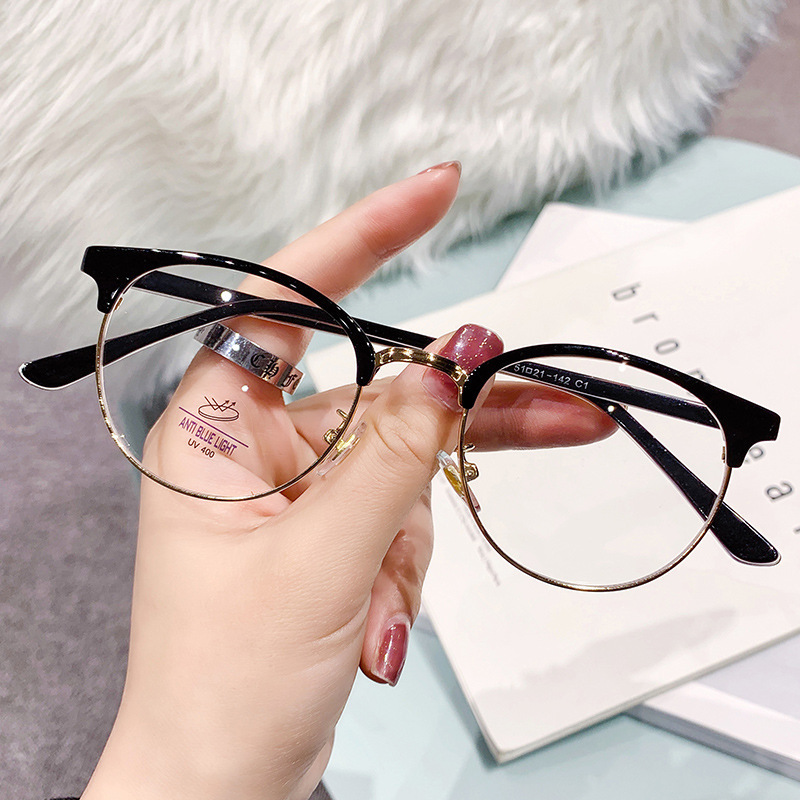 Round frame anti blue light glasses flat mirror glasses frame semi metal frame manufacturer wholesale cross mirror